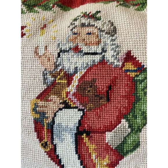 Vintage Steinwinder Needlepoint Christmas Santa Claus Pillow Bear Holly 13 x 13" - Picture 2 of 12